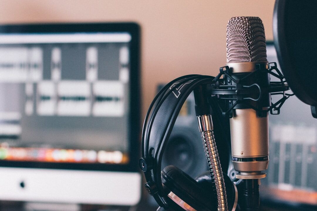 Podcast recording setup with microphone and headphones